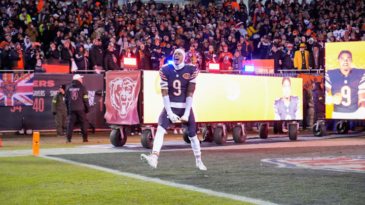 Jan 10, 2026; Chicago, IL, USA;  Chicago Bears safety Jaquan Brisker (9) takes the field prior to an NFC Wild Card Round game against the Green Bay Packers at Soldier Field. Mandatory Credit: David Banks-Imagn Images