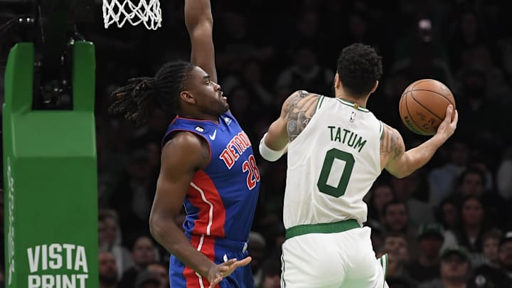 Feb 15, 2023; Boston, Massachusetts, USA;Boston Celtics forward Jayson Tatum (0) drives to the