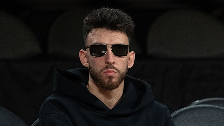 December 13, 2024; Las Vegas, Nevada, USA; Oklahoma City Thunder forward Chet Holmgren (7) during practice prior to the Emirates NBA Cup semi-finals at T-Mobile Arena. Mandatory Credit: Kyle Terada-Imagn Images