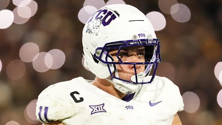 Sep 26, 2025; Tempe, Arizona, USA; TCU Horned Frogs defensive end Devean Deal (11) looks on against the Arizona State Sun Devils in the second half at Mountain America Stadium, Home of the ASU Sun Devils.