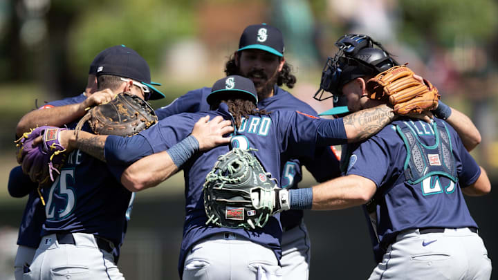 Seattle Mariners players celebrate their 6-5 victory over the Athletics at Sutter Health Park on May 7.