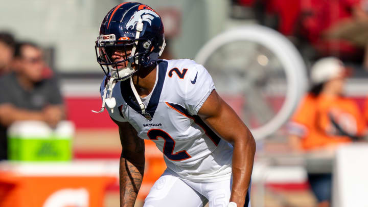 August 19, 2023; Santa Clara, California, USA; Denver Broncos cornerback Pat Surtain II (2) warms up before the game against the San Francisco 49ers at Levi's Stadium. 