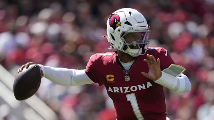 Sep 21, 2025; Santa Clara, California, USA; Arizona Cardinals quarterback Kyler Murray (1) throws downfield against the San Francisco 49ers during the first half at Levi's Stadium. Mandatory Credit: Kyle Terada-Imagn Images