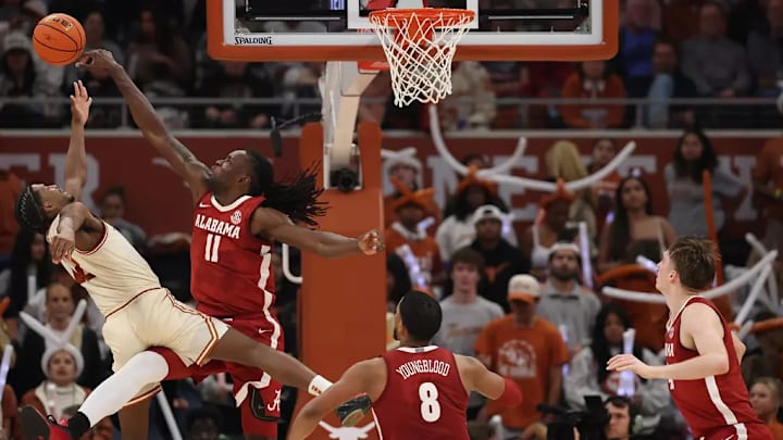 Alabama center Clifford Omoruyi (11) blocks a shot against Texas at Moody Center in Austin, TX on Tuesday, Feb 11, 2025. 
