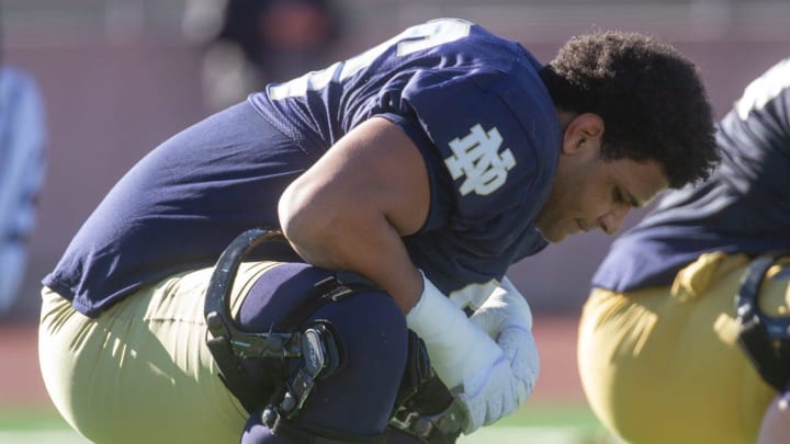 Notre Dames Charles Jagusah stretches during practice at the SAC on Dec. 26, 2023, as they prepare for the Tony the Tiger Sun Bowl against Oregon State. Notre Dames Charles Jagusah stretches during practice at the SAC on Dec. 26, 2023, as they prepare for the Tony the Tiger Sun Bowl against Oregon State.