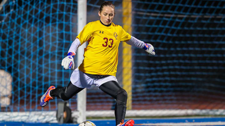 Oaks Christian goalie Hannah Wieler during a 1-0 win over Westlake on Jan. 17, 2025. Her team is the No. 2 seed in the Open Division of the Southern Section playoffs that kick off Wednesday, Feb. 12, 2025. 