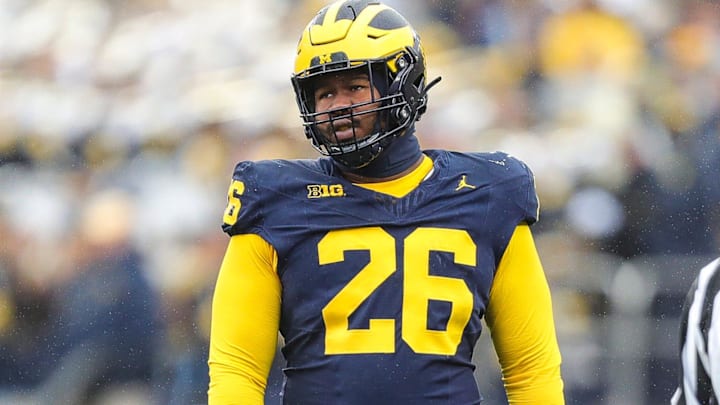 Michigan defensive lineman Rayshaun Benny gets in position before a play against Indiana during the second half of U-M's 52-7 win over Indiana on Saturday, Oct. 14, 2023, in Ann Arbor.