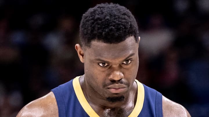 Apr 3, 2024; New Orleans, Louisiana, USA; New Orleans Pelicans forward Zion Williamson (1) reacts Apr 3, 2024; New Orleans, Louisiana, USA; New Orleans Pelicans forward Zion Williamson (1) reacts