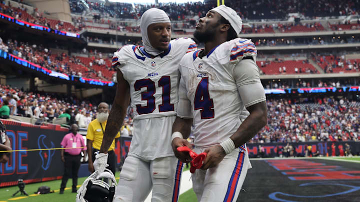 Oct 6, 2024; Houston, Texas, USA; Buffalo Bills cornerback Rasul Douglas (31) and running back James Cook (4) walk to the tunnel after loosing to the Houston Texans at NRG Stadium.