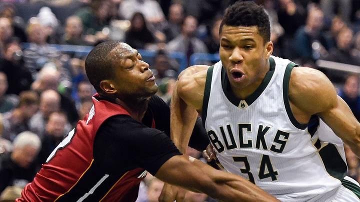 Jan 29, 2016; Milwaukee, WI, USA; Miami Heat guard Dwyane Wade (3) puts pressure on Milwaukee Bucks forward Giannis Antetokounmpo (34) in the third quarter at BMO Harris Bradley Center. Mandatory Credit: Benny Sieu-USA TODAY Sports Jan 29, 2016; Milwaukee, WI, USA; Miami Heat guard Dwyane Wade (3) puts pressure on Milwaukee Bucks forward Giannis Antetokounmpo (34) in the third quarter at BMO Harris Bradley Center. Mandatory Credit: Benny Sieu-USA TODAY Sports