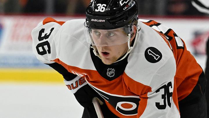 Dec 22, 2025; Philadelphia, Pennsylvania, USA; Philadelphia Flyers defenseman Emil Andrae (36) against the Vancouver Canucks at Xfinity Mobile Arena. Mandatory Credit: Eric Hartline-Imagn Images
