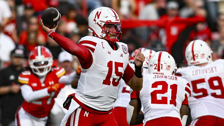 Oct 11, 2025; College Park, Maryland, USA; Nebraska Cornhuskers quarterback Dylan Raiola (15) throws from the pocket during the game against the Maryland Terrapins at SECU Stadium. Mandatory Credit: Tommy Gilligan-Imagn Images Oct 11, 2025; College Park, Maryland, USA; Nebraska Cornhuskers quarterback Dylan Raiola (15) throws from the pocket during the game against the Maryland Terrapins at SECU Stadium. Mandatory Credit: Tommy Gilligan-Imagn Images