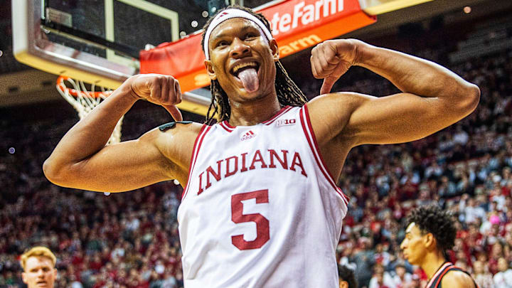 Indiana's Malik Reneau (5) celebrates after a basket and a foul during the Indiana versus Sam Houston men's basketball game at Simon Skjodt Assembly Hall on Tuesday, Dec. 3, 2024.