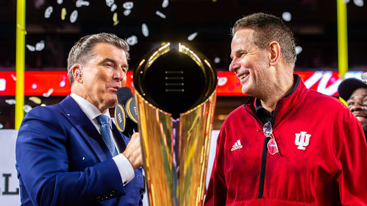 Indiana Head Coach Curt Cignetti smiles as he is interviewed on the podium after the College Football Playoff National Championship college football game at Hard Rock Stadium in Miami Gardens on Monday, Jan. 19, 2026.