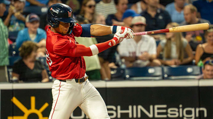 Worcester’s Kristian Campbell hits a two-run home run in the fifth inning against Lehigh Valley July 29 at Polar Park.
