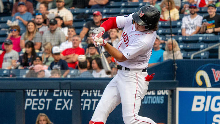 Worcester's Roman Anthony hits a leadoff double for his first Triple A hit Tuesday at Polar Park against Lehigh Valley.