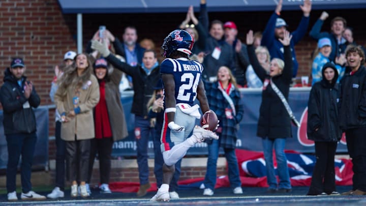 Mississippi's running back Ulysses Bentley IV (24) scores a touch down during the Egg Bowl game against Mississippi State at Vaught-Hemingway Stadium on Friday, Nov. 29, 2024.