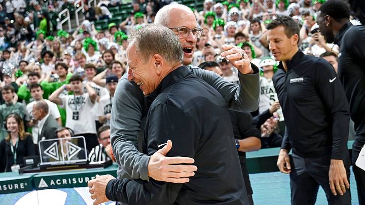 Michigan State’s head coach Tom Izzo, left, and UConn’s head coach Dan Hurley hugs before the exhibition game on Tuesday, Oct. 20, 2026, at the Breslin Center in East Lansing. Michigan State’s head coach Tom Izzo, left, and UConn’s head coach Dan Hurley hugs before the exhibition game on Tuesday, Oct. 20, 2026, at the Breslin Center in East Lansing.