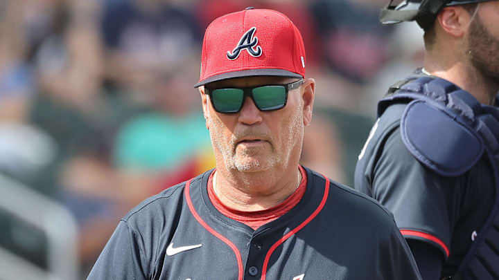 Mar 1, 2025; North Port, Florida, USA;  Atlanta Braves manager Brian Snitker (43) looks on during the fifth inning against the Toronto Blue Jays at CoolToday Park. Mandatory Credit: Kim Klement Neitzel-Imagn Images