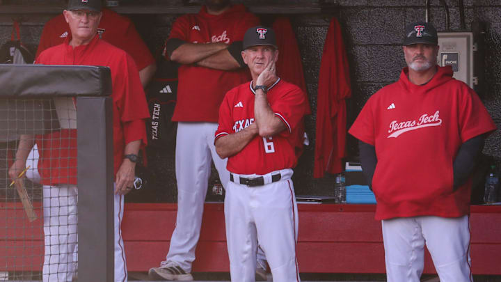 Tim Tadlock (center) and Texas Tech's coaches look on during a non-conference Division I baseball game, Tuesday, March 31, 2026, at Rip Griffin Park.