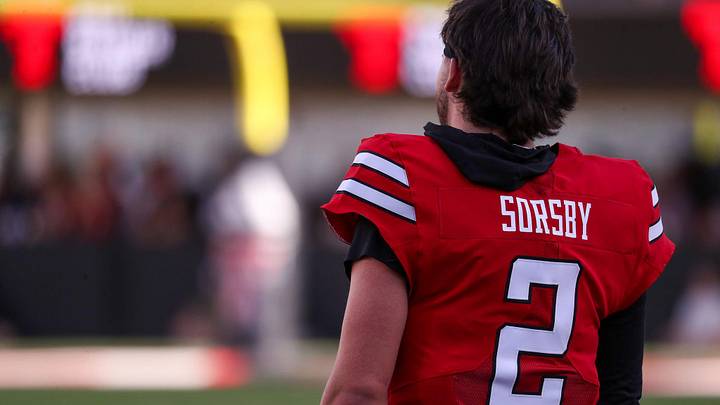 Texas Tech's Brendan Sorsby looks on during the spring football game, Friday, April 17, 2026, at Jones AT&T Stadium. Texas Tech's Brendan Sorsby looks on during the spring football game, Friday, April 17, 2026, at Jones AT&T Stadium.