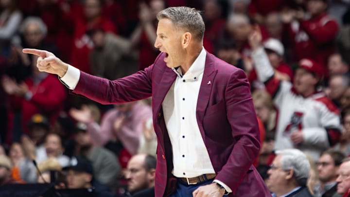 Alabama head coach Nate Oates calls out the referee in the second half of the game against Clemson on Dec. 3, 2025.