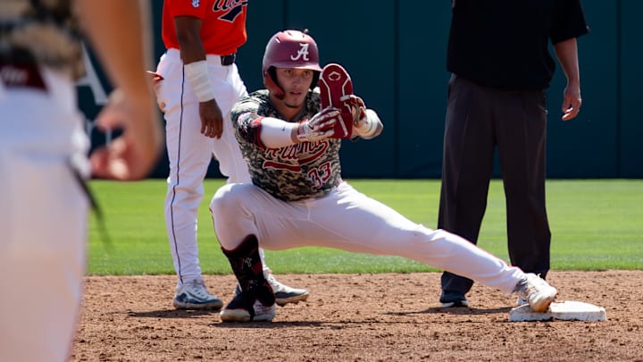 Alabama catcher John Lemm celebrates a double in the third game of the series against Auburn on Mar. 29, 2026.