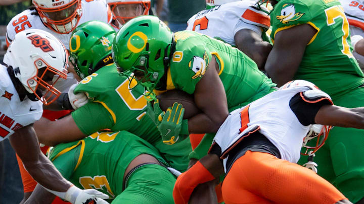 Oregon running back Jordon Davison scores a touchdown as the Oregon Ducks host the Oklahoma State Cowboys on Sept. 6, 2025, at Autzen Stadium in Eugene, Oregon.