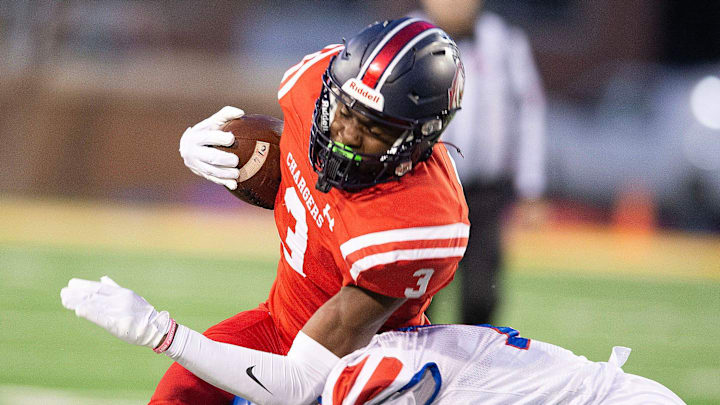 Choctaw County's Caleb Cunningham (3) fights for yardage against Noxubee County during the MHSAA 3A championship game in Hattiesburg, Miss., Thursday, Dec. 5, 2024.