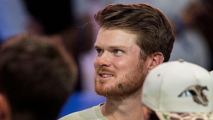 Minnesota Vikings quarterback Sam Darnold attends the TGL match between Jupiter Links GC and Atlanta Drive GC at SoFi Center