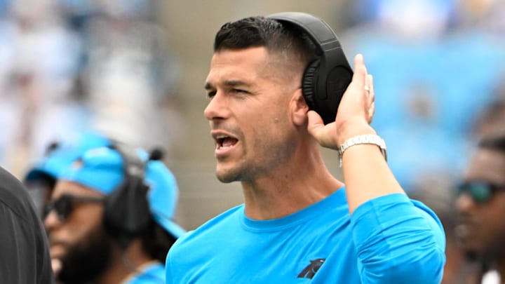 Sep 15, 2024; Charlotte, North Carolina, USA; Carolina Panthers head coach Dave Canales in the first quarter at Bank of America Stadium. Mandatory Credit: Bob Donnan-Imagn Images