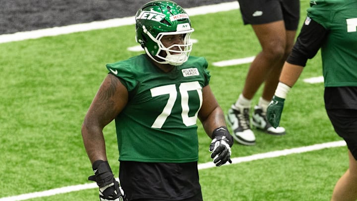 May 9, 2025; Florham Park, NJ, USA; New York Jets rookie offensive tackle Armand Membou (70) participates in a drill during the minicamp at Atlantic Health Jets Training Center. Mandatory Credit: Thomas Salus-Imagn Images May 9, 2025; Florham Park, NJ, USA; New York Jets rookie offensive tackle Armand Membou (70) participates in a drill during the minicamp at Atlantic Health Jets Training Center. Mandatory Credit: Thomas Salus-Imagn Images