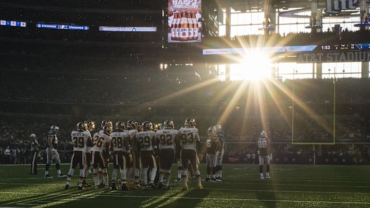 A view of the setting sun during a game between the Dallas Cowboys and the Washington Commanders at AT&T Stadium. A view of the setting sun during a game between the Dallas Cowboys and the Washington Commanders at AT&T Stadium.