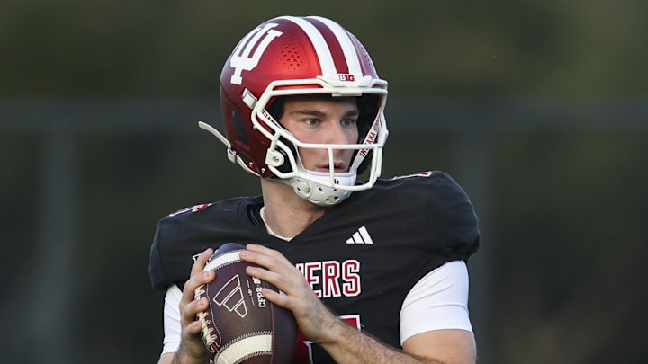 Jan 17, 2026; Miami, FL, USA; Indiana Hoosiers quarterback Fernando Mendoza (15) participates in a practice for the College Football Playoff National Championship game against the Miami Hurricanes. Mandatory Credit: Nathan Ray Seebeck-Imagn Images