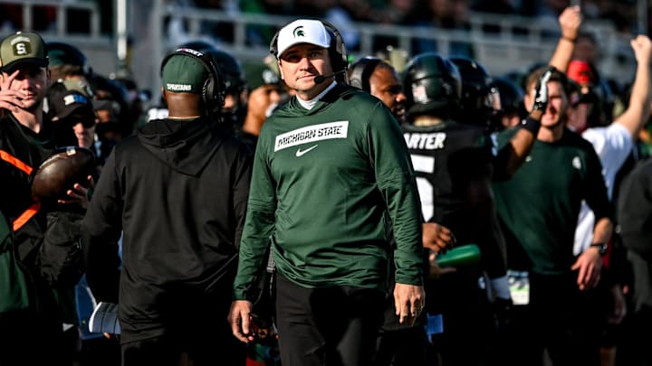 Michigan State's head coach Jonathan Smith looks on form the sideline during the first quarter in the game against Indiana on Saturday, Nov. 2, 2024, at Spartan Stadium in East Lansing.