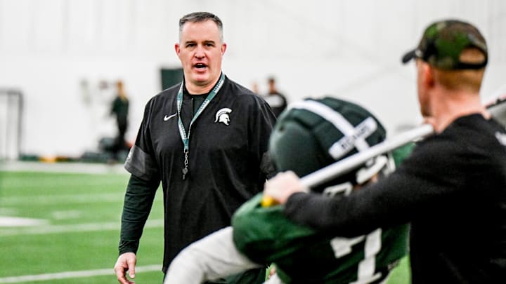 Michigan State's head coach Pat Fitzgerald instructs players during spring football practice on Tuesday, March 24, 2026, in East Lansing.