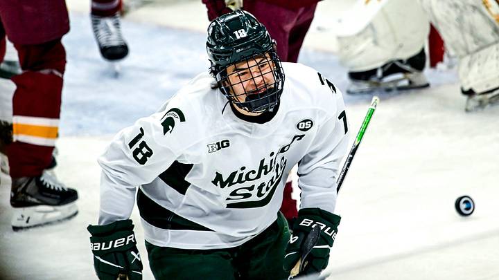 Michigan State's Ryker Lee celebrates his goal against Minnesota during the first period on Friday, Jan. 23, 2026, at Munn Ice Arena in East Lansing.