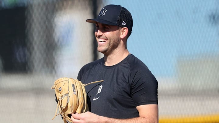 Detroit Tigers pitcher Matthew Boyd throws a bullpen session during practice during spring training.