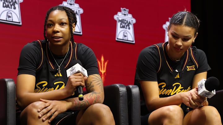 Oct 21, 2025; Kansas City, MO, USA; Arizona Stateís Gabby Elliot (left) and McKinna Brackens (right) speak to media during Big 12 Womenís Basketball Media Day at T-Mobile Center. Mandatory Credit: Sophia Scheller-Imagn Images