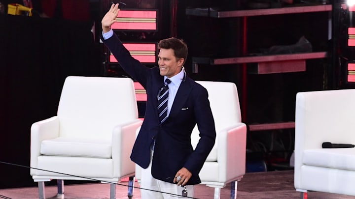 Jun 12, 2024; Foxborough, MA, USA; Former Patriots quarterback Tom Brady is introduced to fans during his Patriots Hall of Fame induction ceremony. Mandatory Credit: Eric Canha-USA TODAY Sports