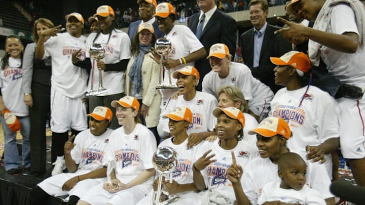 The Detroit Shock celebrate their WNBA championship after defeating San Antonio 76- 60 at the Convocation Center on the Eastern Michigan University Campus on Sunday Oct. 5, 2008. The Detroit Shock celebrate their WNBA championship after defeating San Antonio 76- 60 at the Convocation Center on the Eastern Michigan University Campus on Sunday Oct. 5, 2008.