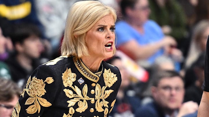 Mar 28, 2025; Spokane, WA, USA; LSU Lady Tigers head coach Kim Mulkey looks on during the first half of a Sweet 16 NCAA Tournament basketball game against the NC State Wolfpack at Spokane Arena. Mandatory Credit: James Snook-Imagn Images