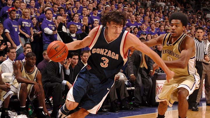 Dec. 4, 2005; Seattle, WA, USA; Gonzaga Bulldogs forward Adam Morrison (3) drives to the basket against the Washington Huskies in the first half at the Bank of America Arena.