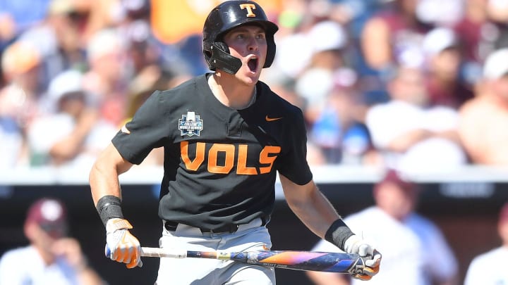 Tennessee's Dylan Dreiling (8) celebrates after hitting a two-run home run against Texas A&M in game two of the NCAA College World Series finals at Charles Schwab Field in Omaha, Neb., on Sunday, June 23, 2024. Tennessee's Dylan Dreiling (8) celebrates after hitting a two-run home run against Texas A&M in game two of the NCAA College World Series finals at Charles Schwab Field in Omaha, Neb., on Sunday, June 23, 2024.