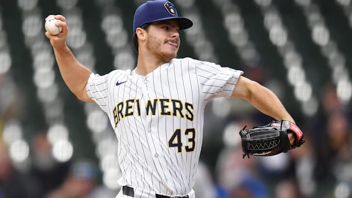 \Milwaukee Brewers starting pitcher Logan Henderson (43) pitches during the first inning against the Athletics in his MLB debut at American Family Field in Wisconsin on April 20, 2025.. \Milwaukee Brewers starting pitcher Logan Henderson (43) pitches during the first inning against the Athletics in his MLB debut at American Family Field in Wisconsin on April 20, 2025..