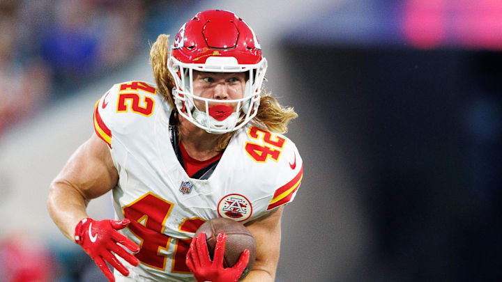 Aug 10, 2024; Jacksonville, Florida, USA; Kansas City Chiefs running back Carson Steele (42) runs with the ball during the second quarter against the Jacksonville Jaguars at EverBank Stadium. Mandatory Credit: Douglas DeFelice-USA TODAY Sports