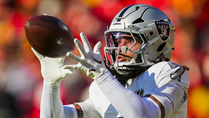 Nov 29, 2024; Kansas City, Missouri, USA; Las Vegas Raiders safety Tre'von Moehrig (7) warms up prior to a game against the Kansas City Chiefs at GEHA Field at Arrowhead Stadium. Mandatory Credit: Jay Biggerstaff-Imagn Images