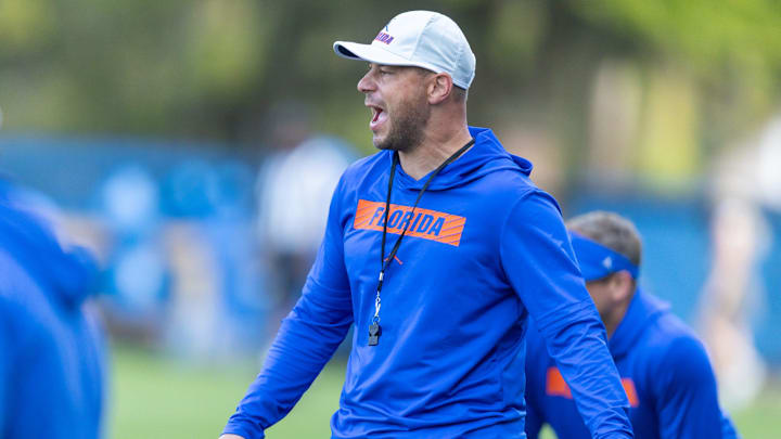 Florida head football coach Jon Sumrall reacts during spring practice at Sanders Practice Fields in Gainesville, FL on Tuesday, March 24, 2026. [Alan Youngblood/Gainesville Sun]