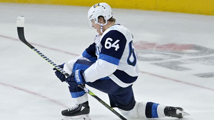 Feb 15, 2025; Montreal, Quebec, CAN; [Imagn Images direct customers only] Team Finland forward Mikael Granlund (64) celebrates afterscoring the winning goal against Team Sweden goalie Linus Ullmark (35) in the overtime period during a 4 Nations Face-Off ice hockey game at the Bell Centre. Mandatory Credit: Eric Bolte-Imagn Images