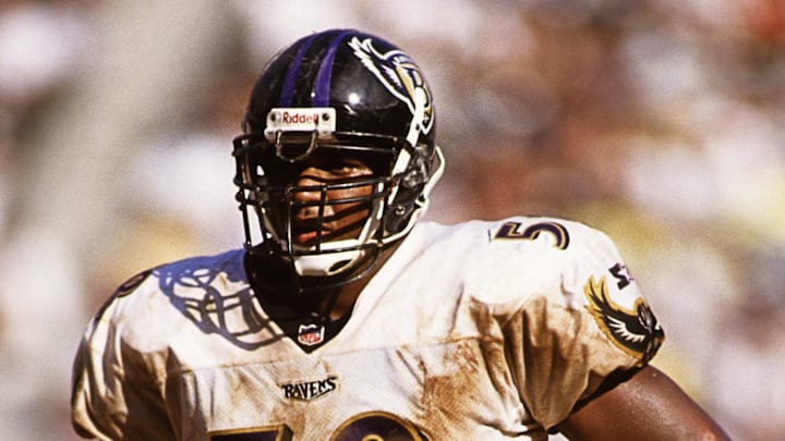Sep 28, 1997; San Diego, CA, USA; FILE PHOTO; Baltimore Ravens linebacker Peter Boulware (58) on the field against the San Diego Chargers at Qualcomm Stadium. Mandatory Credit: Peter Brouillet-USA TODAY NETWORK